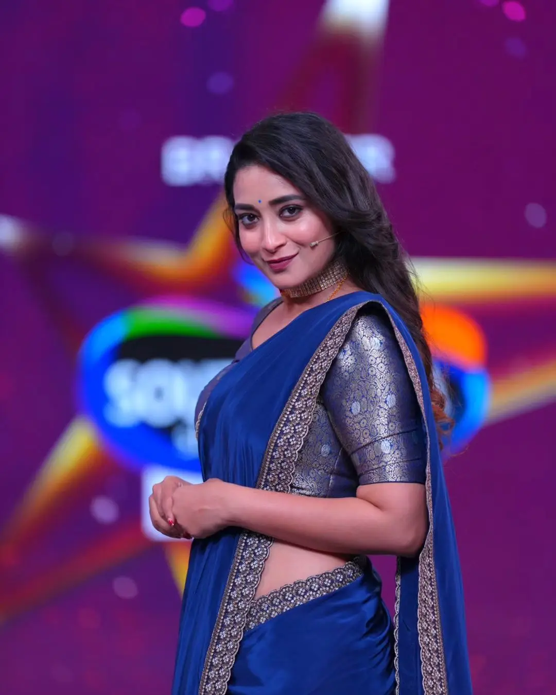 Bhanu Sri Stills in Beautiful Blue Designer Saree Blouse